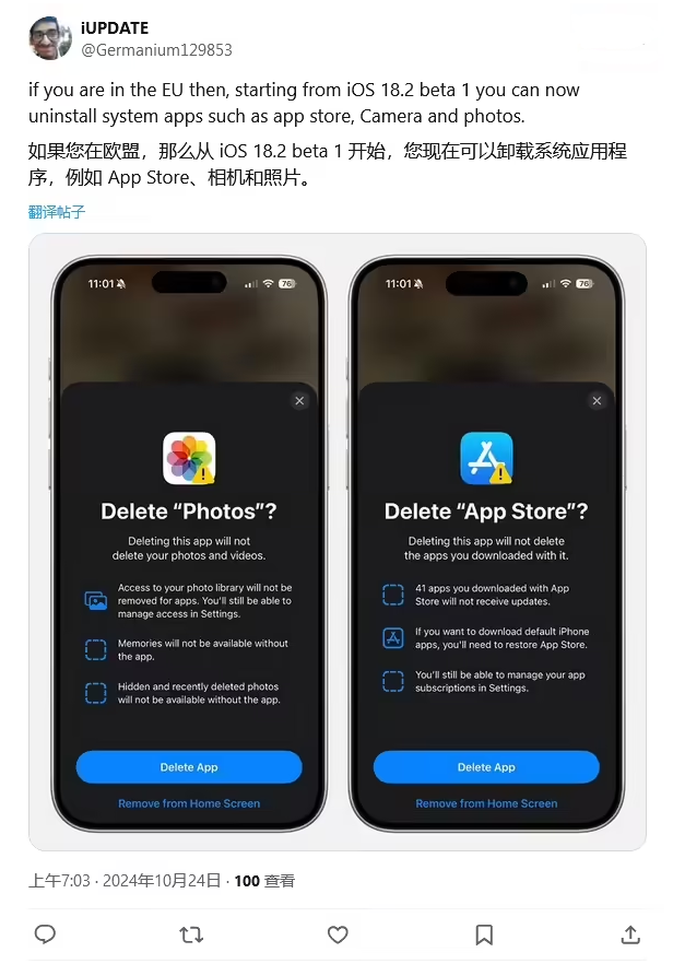 洛阳苹果手机维修分享iOS 18.2 支持删除 App Store 应用商店 